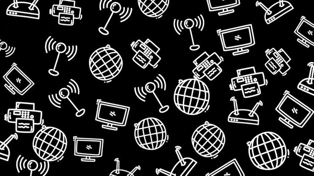 White icons float over black background, symbolizing digital connectivity. Wireless signals link computers, globes, and printers in seamless motion. The design suggests global communication