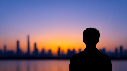 Fototapeta premium Global market oil price concept, Backlit silhouette of person looking at city skyline during sunset with vibrant orange and blue sky creating peaceful mood