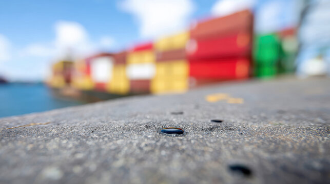 Global market oil price concept, Close up of cargo ship deck with fuel stains and colorful containers blurred in background under blue sky