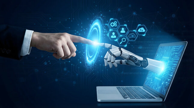 Human hand and robotic hand touch a glowing blue interactive portal establishing a futuristic connection in a dark digital technology environment with