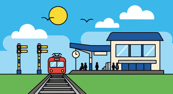 Red train at station platform stop.