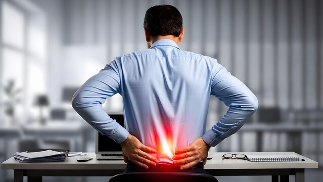 Lower back pain and spinal disc inflammation. Ergonomic workplace health and posture correction. Businessman standing at office desk holding painful glowing spine after working long hours