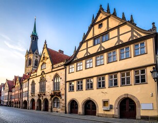 Fototapeta premium A charming European city scene featuring historic buildings with half-timbered facades and a prominent church spire under a clear blue sky
