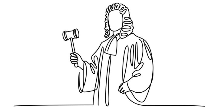 A single continuous line drawing of a judge wearing a traditional wig and holding a wooden gavel