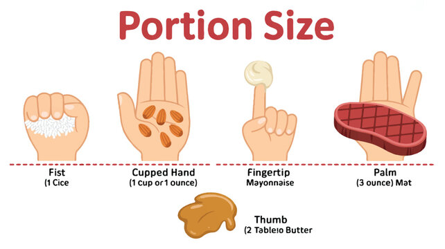 A diagram showing food portion sizes with hand measurements and a steak