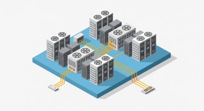 Isometric Data Center Server Rack Cooling Infrastructure Illustration.