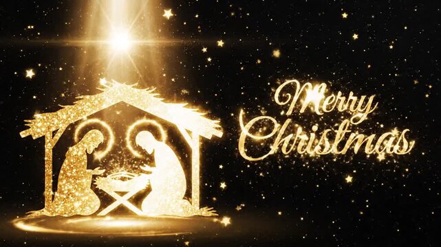 Gold glitter nativity scene with silhouettes of Mary, Joseph, and baby Jesus in a manger under a stable with the Star of Bethlehem and Merry Christmas text on a dark background.