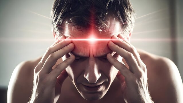 Intense migraine and cluster headache relief. Mental pressure and chronic pain management. Man holding forehead with glowing red stress point