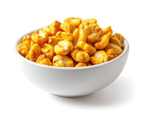 White ceramic bowl filled with roasted crunchy salted corn nuts on a white background.