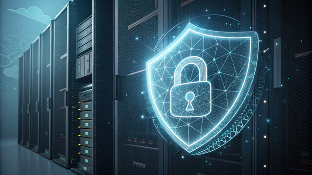 Data center digital shield cybersecurity network security server rack padlock Glowing digital shield with padlock near server rack data center