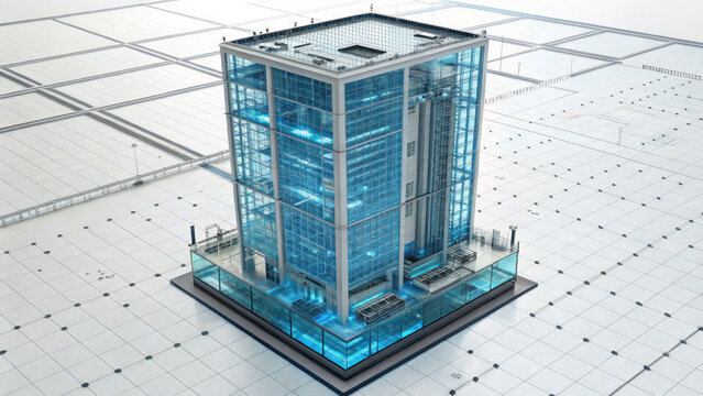 Futuristic data center isometric digital twin modern building high fidelity 3d render server rack glass tower, glowing blue infrastructure grid
