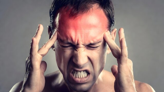Intense cluster headache and emotional breakdown. Physical pain and medical emergency. Man with angry expression holding head with red inflammation glow