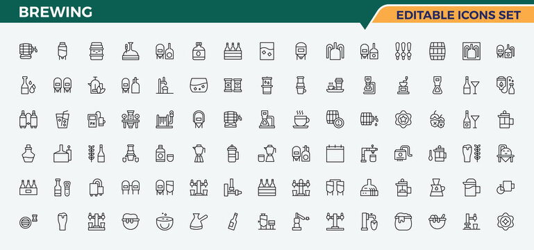 Brewing icon set in linear style. Bar icon set. Vector icons collection. Pictograms of malt, drink, brew, beer and more. Editable vector art.