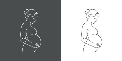 Dibujo de línea continua de mujer embarazada desnuda de pie, vista de perfil  © teracreonte