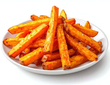 Delicious crispy baked sweet potato fries sticks served in a clean white bowl isolated on a bright background.
