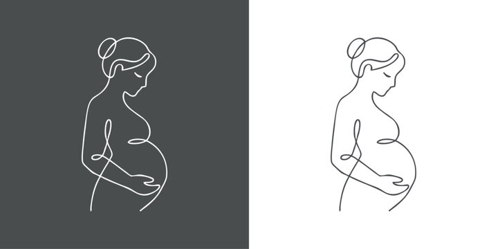 Dibujo de l&iacute;nea continua de mujer embarazada desnuda de pie, vista de perfil 