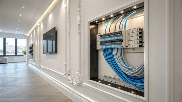 Network cable wiring cabinet smart home interior wall data center cutaway Modern interior wall cutaway revealing network cable wiring cabinet