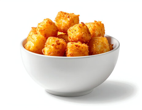 Delicious crispy golden brown deep fried potato tater tots served in a white bowl isolated on a background.