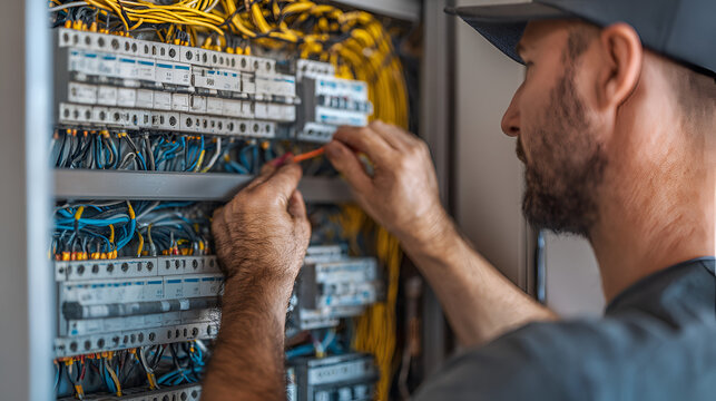 Experienced electrician organizes cables inside open electrical panel, preparing system for safe, efficient operation in modern house.