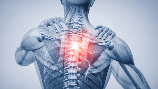 Muscle anatomy and spinal nerve inflammation. Physiotherapy and chiropractic medicine. 3D medical illustration of a male torso showing internal neuralgic pain in the upper back