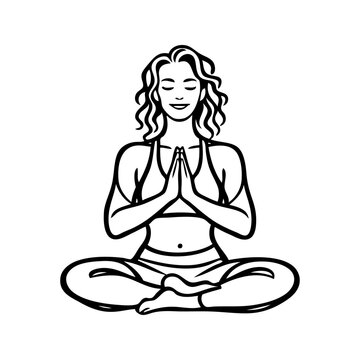 Logotipo con dibujo sencillo con l&iacute;neas de una mujer meditando sentada con las piernas cruzadas y las manos juntas, en una posici&oacute;n de yoga	