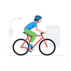 Fototapeta premium Woman cycling in city, flat design illustration