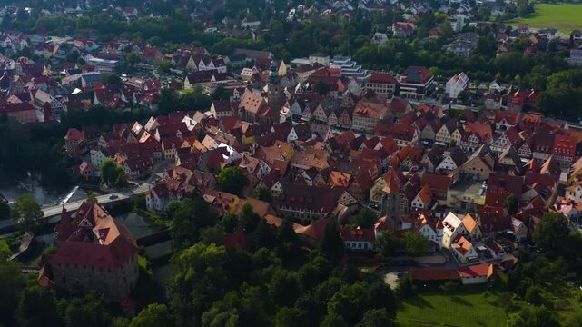 Aerial view of the old town of the city Lauf an der Pegnitz in Germany, Bavaria on a late spring afternoon