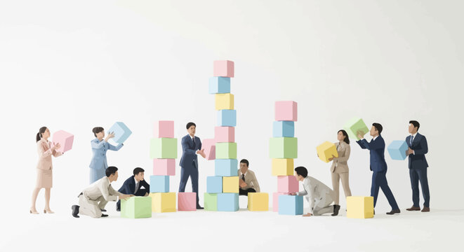 Business people building block tower structure.