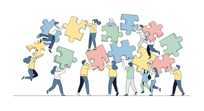 People Working Together on Jigsaw Puzzle.