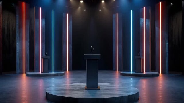 In a dimly lit space, a debate stage is set with multiple podiums. Colorful lights illuminate the backdrop as preparations take place for a public discussion