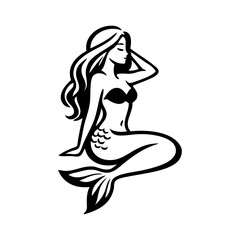 Obraz premium Logotipo con dibujo minimalista de una bella sirena sentada