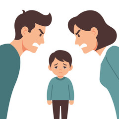 Obraz premium Sad child caught between arguing parents, family conflict illustration