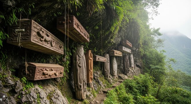 Ancient Hanging Coffins of Sagada on a Lush Cliffside.