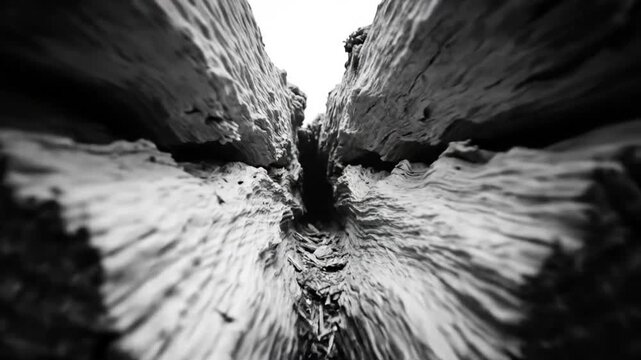 Black and white close up macro view of a split log with the inner wood texture and cracks detail creating a dark environment