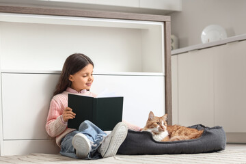 Cute little girl reading book with fluffy cat on pet bed in kitchen © Pixel-Shot