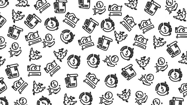 Hand-drawn icons depict money, banks, and shopping. Each symbol repeats in a seamless, playful pattern. Lines are simple, cartoonish, and evenly spaced. No people appear, so emotions are irrelevant