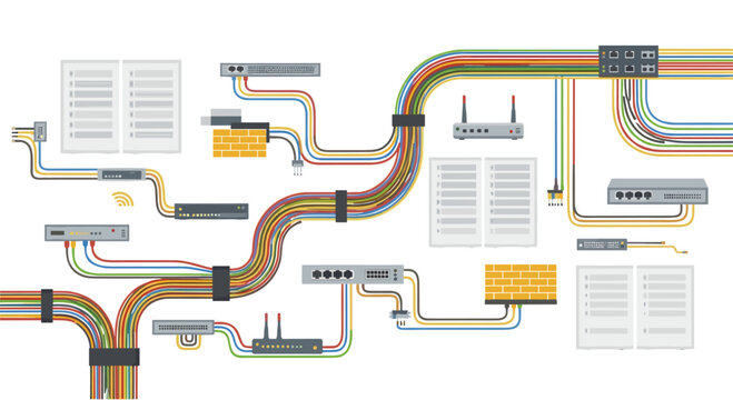 A technical diagram illustrates a complex network infrastructure featuring multiple servers, wireless routers, firewalls, and bundles of multicolored data cables.