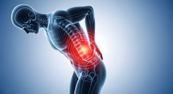 Chronic lower back pain and spinal injury. Sciatica symptoms and orthopedic problems. Silhouette of a man bending over with a glowing red circular target on his lumbar spine