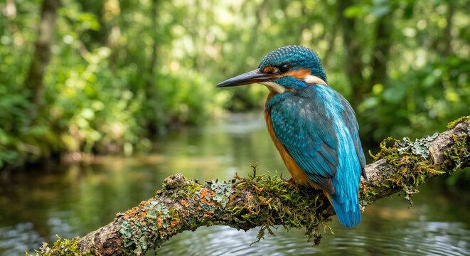 A tack-sharp, close-up portrait of a Kingfisher perched on a mossy, lichen-covered branch overhanging a stream. The focus is intense on its dark eye and the intricate, scale-like texture of its azure 