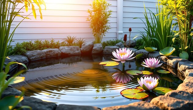 A serene garden pond with lush greenery and vibrant aquatic plants.
