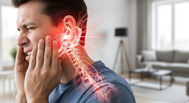 Trigeminal neuralgia and facial nerve pain. Earache and dental health symptoms. Man clutching his face with a transparent anatomical overlay showing inflamed nerves and spine