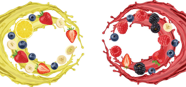 Fruit Juice Splash Circle Set with Citrus and Berry Composition Featuring Lemon Banana Strawberry Blueberry Raspberry and Blackberry Realistic Vector Illustration