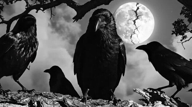 Spooky black and white video featuring silhouetted crows perched on tree branches in front of a full moon