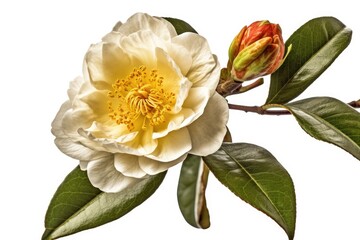 Obraz premium A large white flower with yellow stamens and green leaves is shown on a branch with a bud.