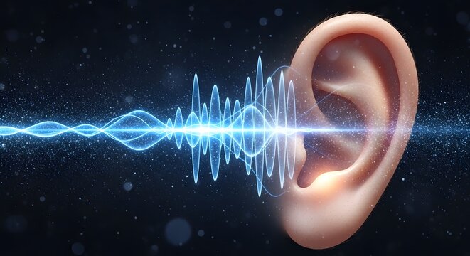 Hearing health and audio sound wave technology. Audiology science and ear protection concept. Human ear with blue glowing digital equalizer frequency waves and particles