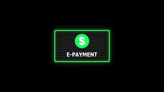 Digital e- payment concept animated green neon glowing credit card with dollar sign on black background digital currency for online banking and electronic transactions