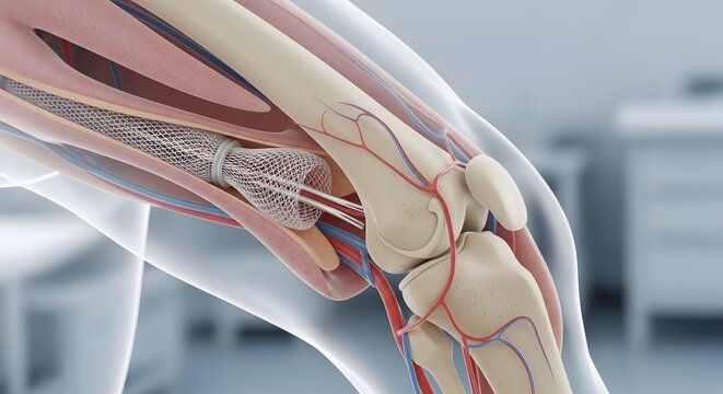 Vascular stent in leg artery near knee joint. Angioplasty and cardiovascular surgery. 3D anatomical illustration of a metal mesh stent inside a blood vessel with muscles and bones