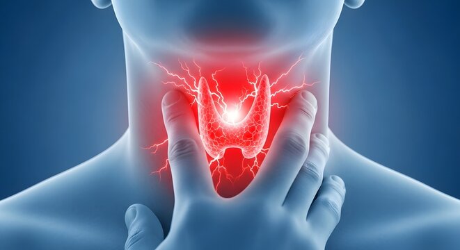Thyroid gland inflammation and endocrine disorder. Neck pain and hormone health. Close up of hands touching a throat with a glowing red thyroid gland and electrical bolts of pain