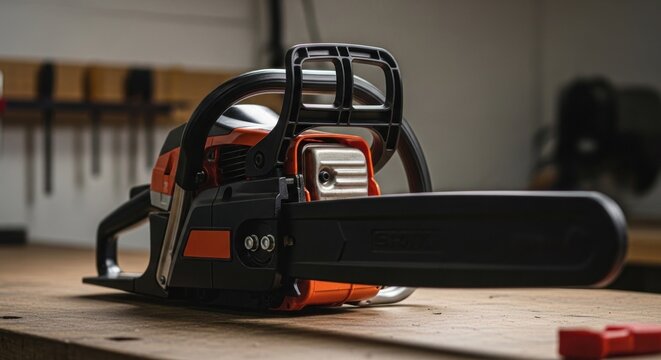 Closeup of a Chainsaw on a Wooden Workbench.