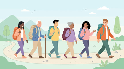 Fototapeta premium Diverse Multigenerational Group of People Hiking Together on a Mountain Trail Flat Vector Illustration